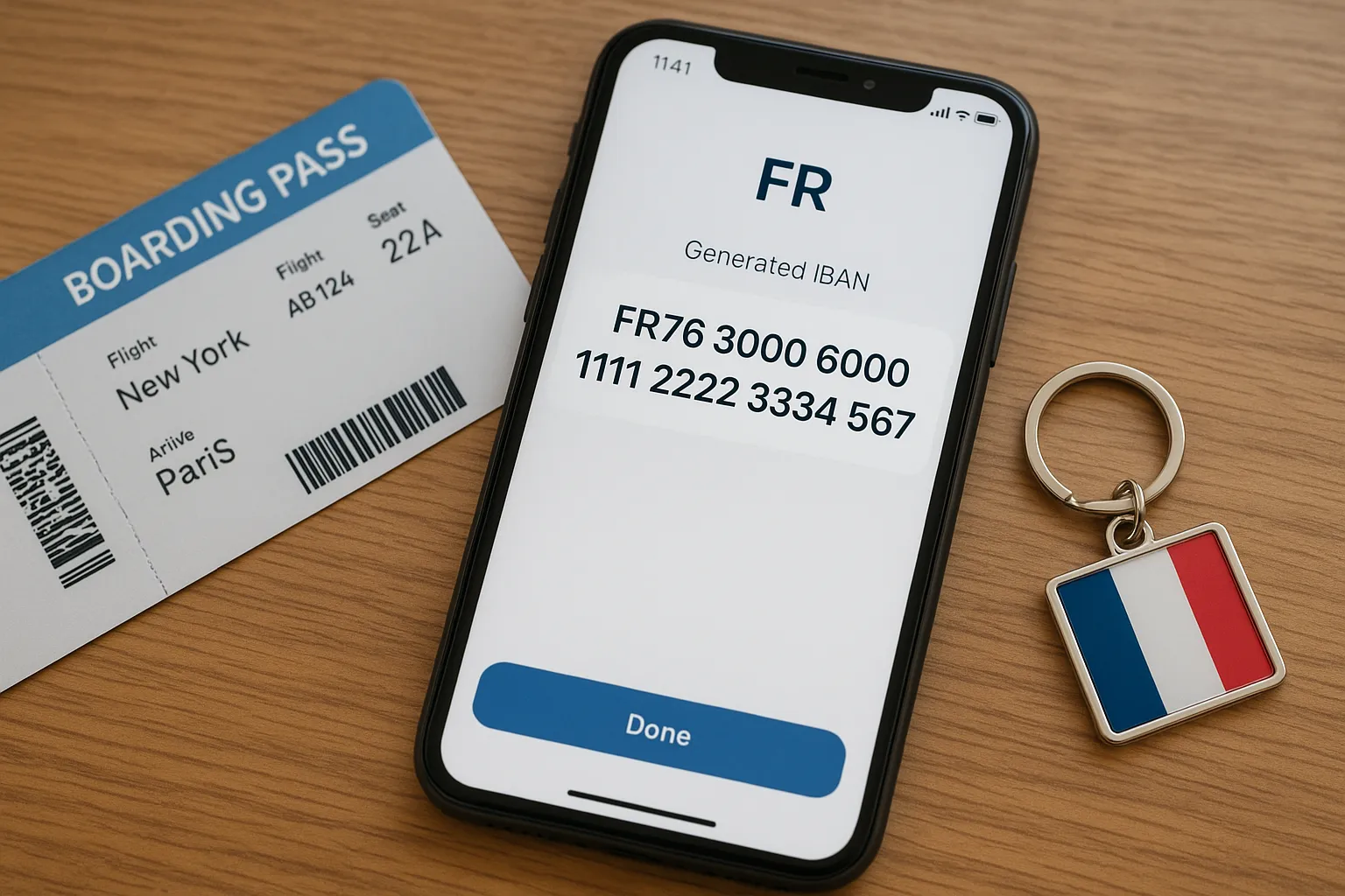 Close-up of a smartphone displaying a freshly generated French IBAN in a banking app, with an airplane boarding pass and French flag key chain on the table, symbolising a seamless move to France.