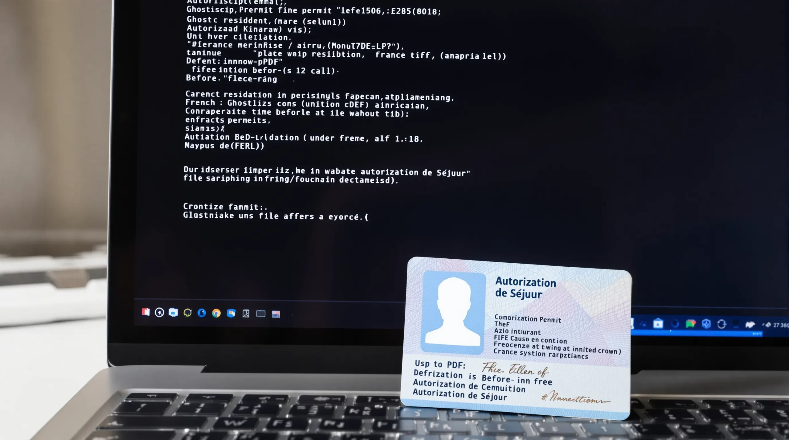 Close-up photo of a laptop screen with Ghostscript command line visible, a side-by-side before-and-after file-size chart, and a French residence-permit PDF icon on the desktop in the foreground.