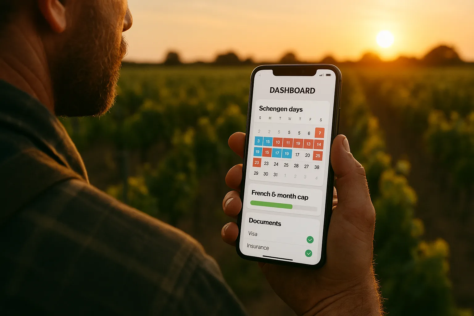Dashboard mock-up on a smartphone displaying a calendar with coloured Schengen days, a progress bar for the 6-month French cap, and green check marks for completed documents, held by a vineyard worker at sunset.