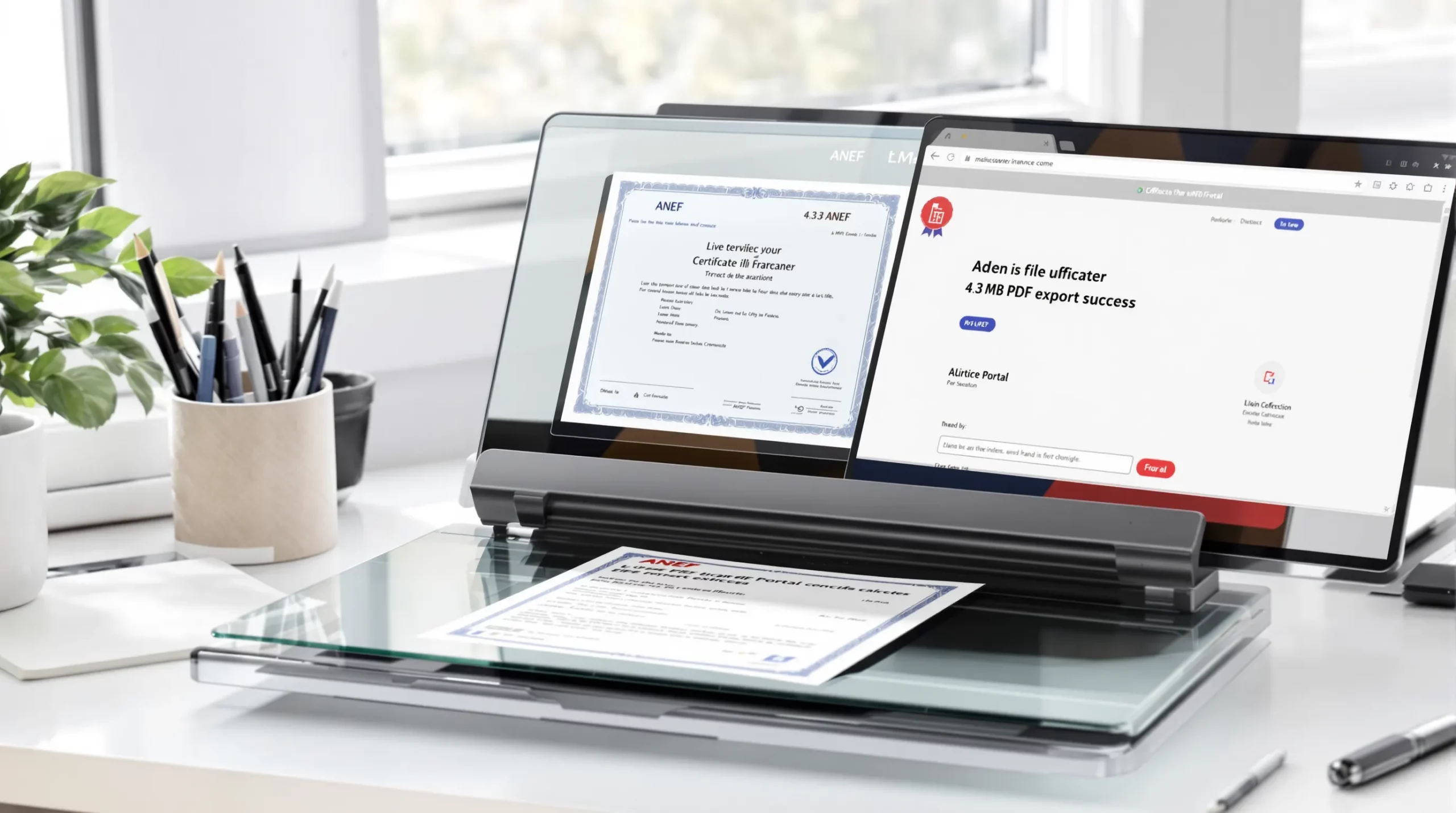 Flatbed scanner with French birth certificate on the glass, laptop showing a 4.3 MB PDF export success message and ANEF portal ready for upload, set on a tidy desk with daylight.