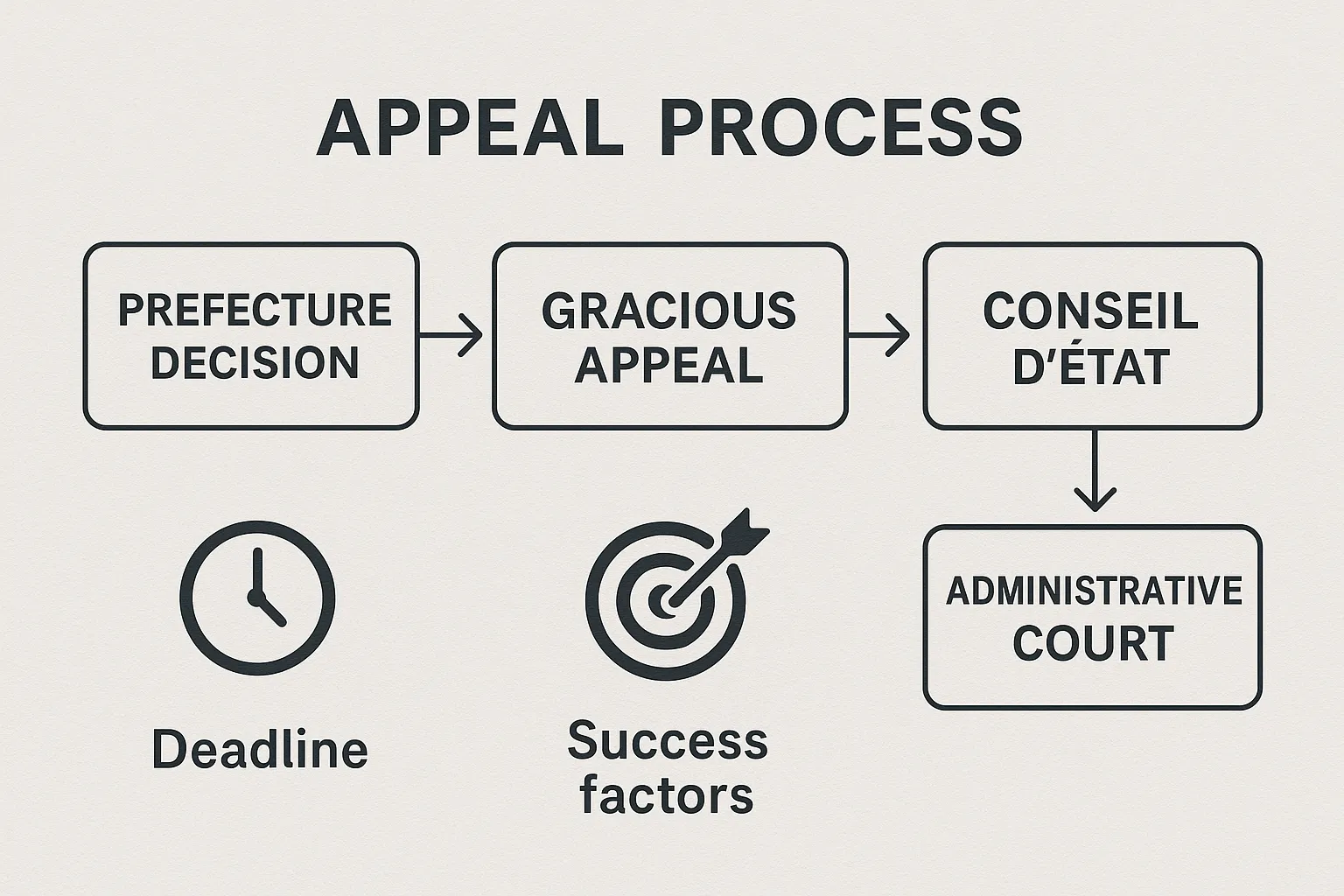 Flowchart showing the appeal process: Prefecture Decision → Gracious Appeal → Administrative Court → Conseil d’État, with deadlines and success factors icons.