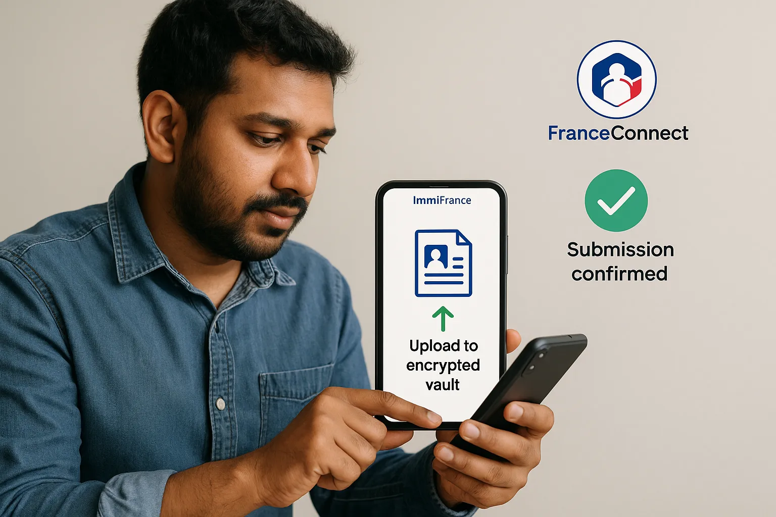 Graphic of a migrant client using a smartphone to securely upload documents to ImmiFrance’s encrypted vault, with icons showing FranceConnect integration and ANEF submission confirmation.