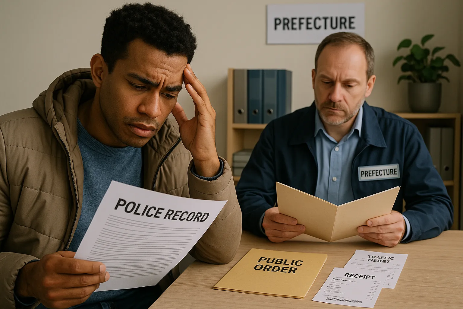 Illustration of a worried foreign resident studying his police record while a behind-the-desk prefecture officer reviews files marked “public order,” with a traffic ticket and shop receipt symbolizing minor offenses.