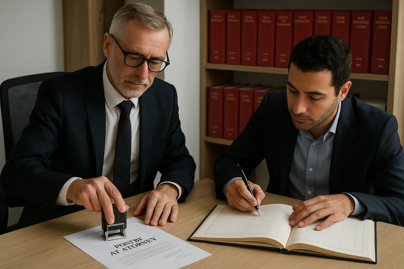 Inside a modern French notary office, a notary wearing reading glasses stamps a foreign power of attorney while the applicant signs a register; legal books in French line a shelf in the background.