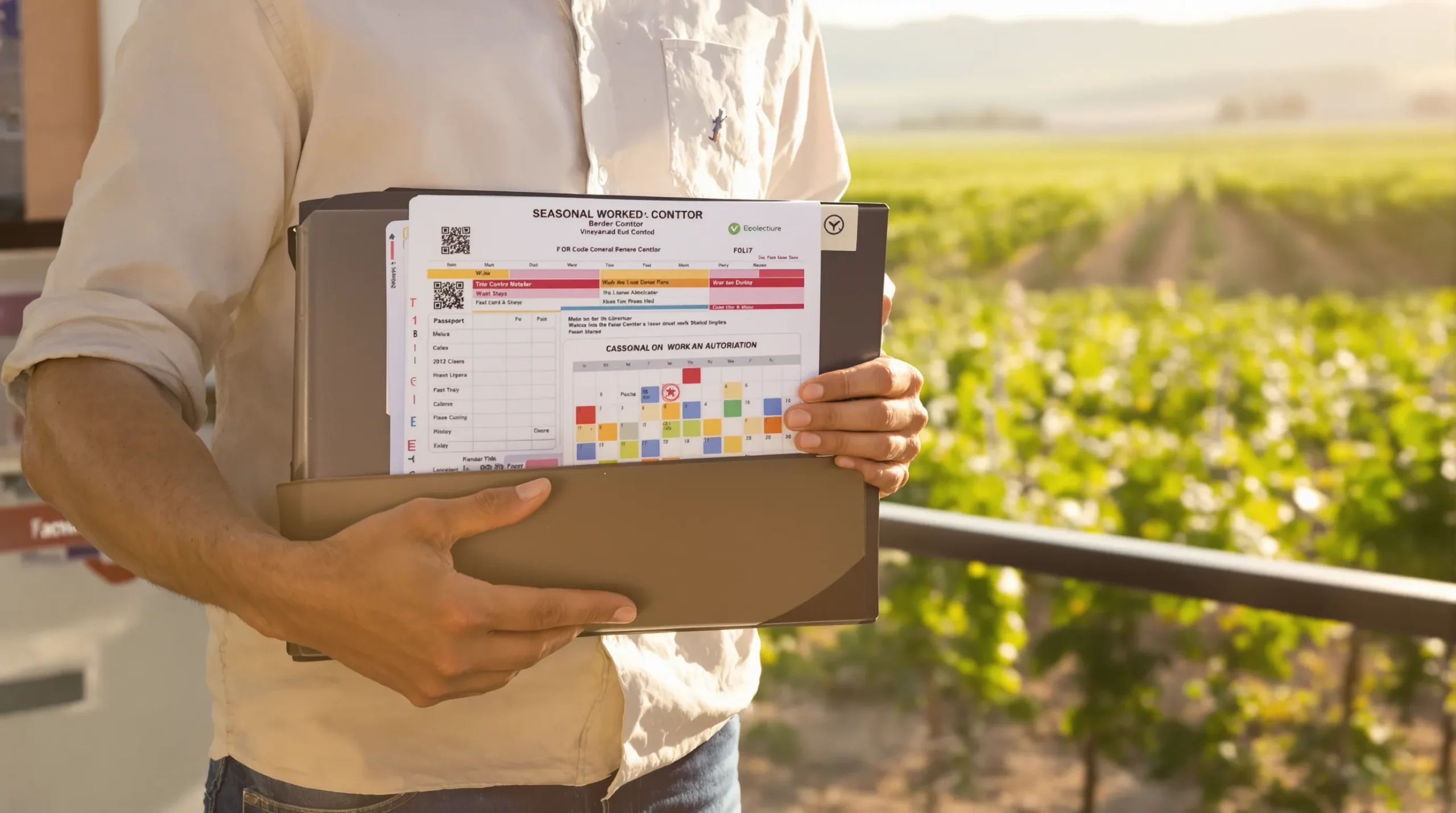 Seasonal worker shows a border officer a neatly organised folder containing a QR-coded work authorisation, a colour coded calendar of past stays, and a stamped passport while a vineyard landscape is visible behind the control booth.