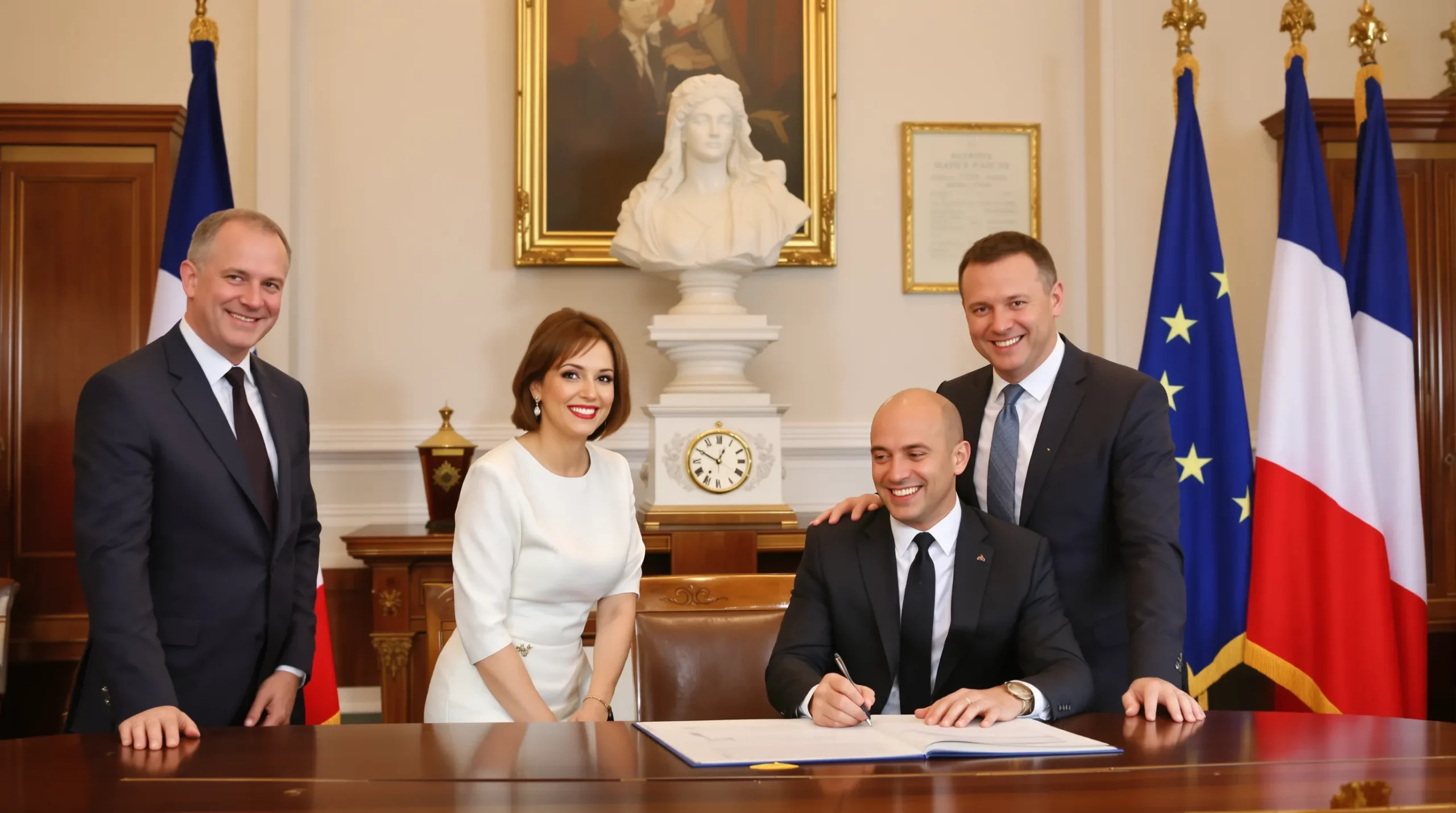 Two men and a woman civil registrar smiling as a same-sex couple signs the marriage register in a French city hall decorated with Marianne bust and tricolour flags.