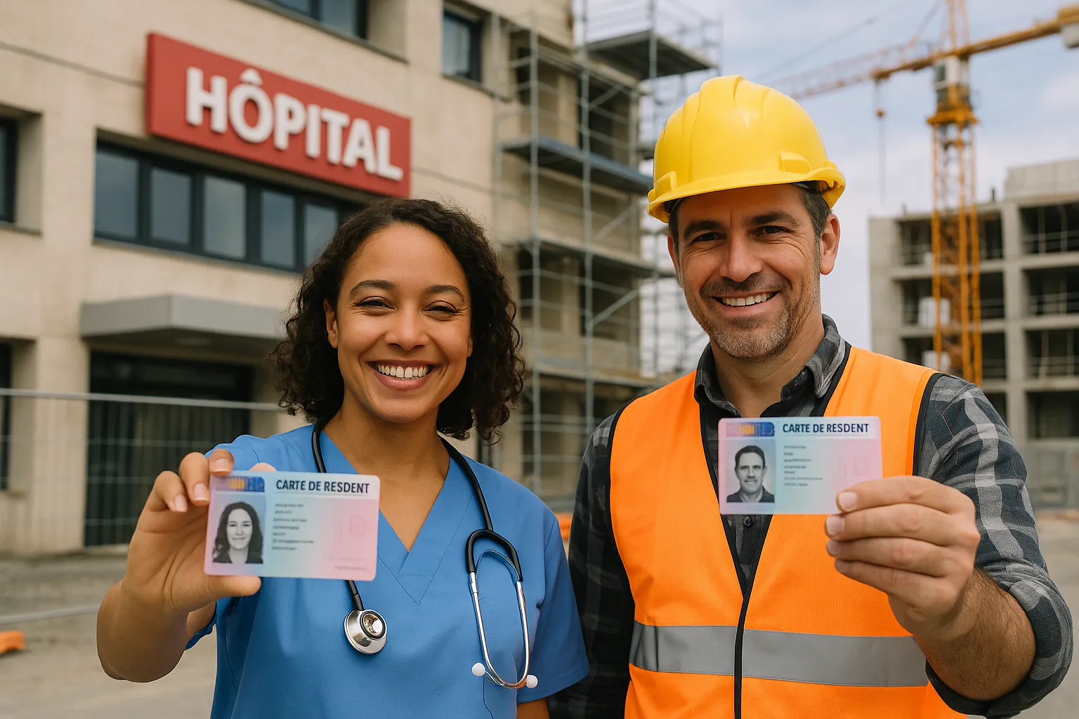 Two professional workers—a female nurse and a male construction foreman—smiling outside a French hospital construction site, each holding their residence card as a symbol of successful quota-permit approval.