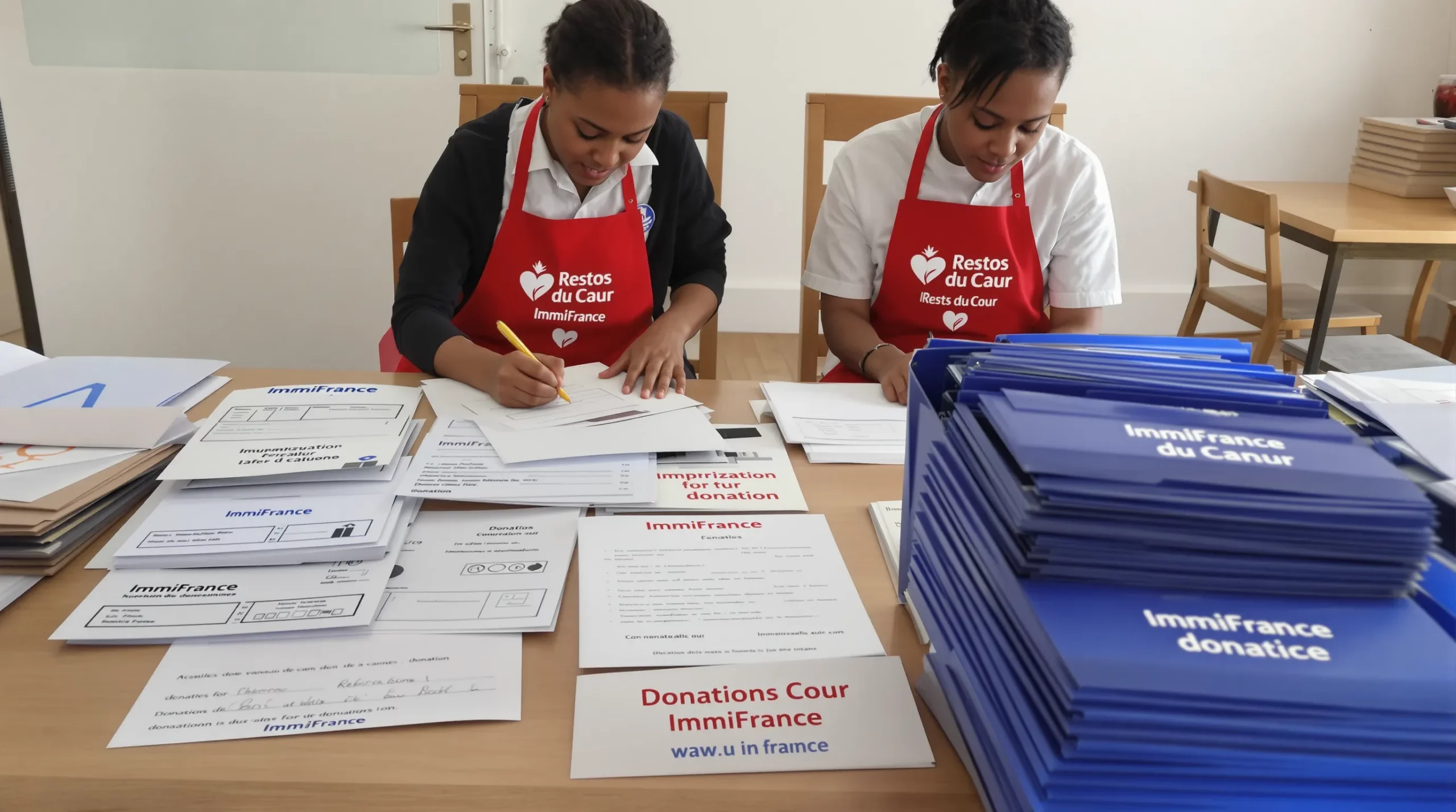 Two volunteers in red Restos du Cœur aprons fill out donation forms at a community center table covered with paperwork and ImmiFrance document folders, symbolizing proper record-keeping for a naturalization dossier.
