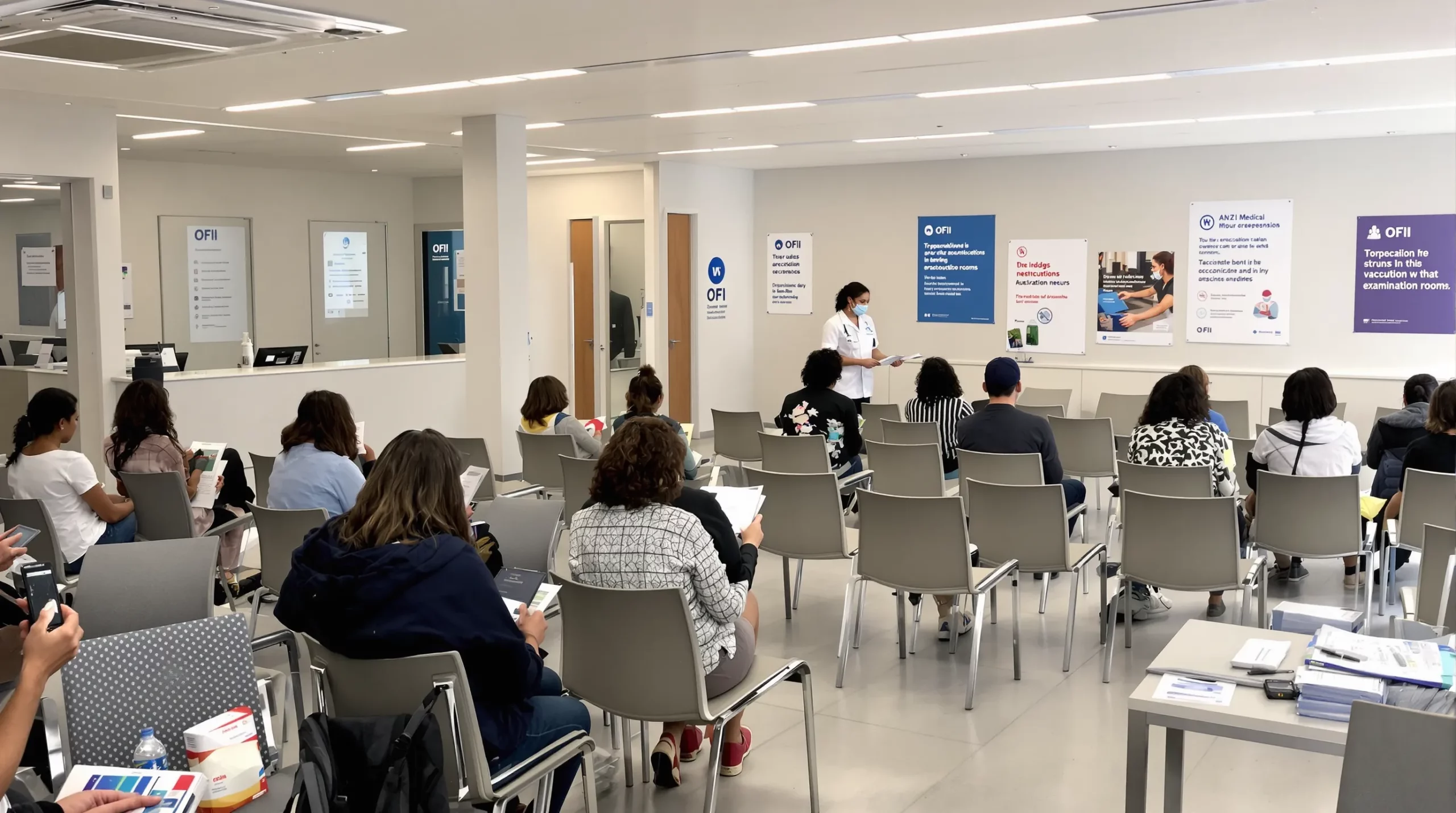 A bright waiting room inside an OFII medical centre in Paris. International visitors sit in rows of chairs holding documents and passports while a nurse calls the next person to the examination rooms. Posters on the wall explain tuberculosis screening and vaccination requirements.
