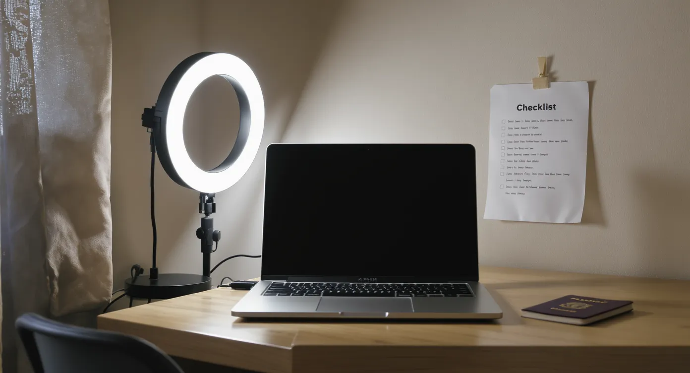 A calm home-office scene showing a laptop on a tidy desk, a passport and residence-permit card laid beside it, a ring light behind the screen, and a checklist print-out pinned to the wall.