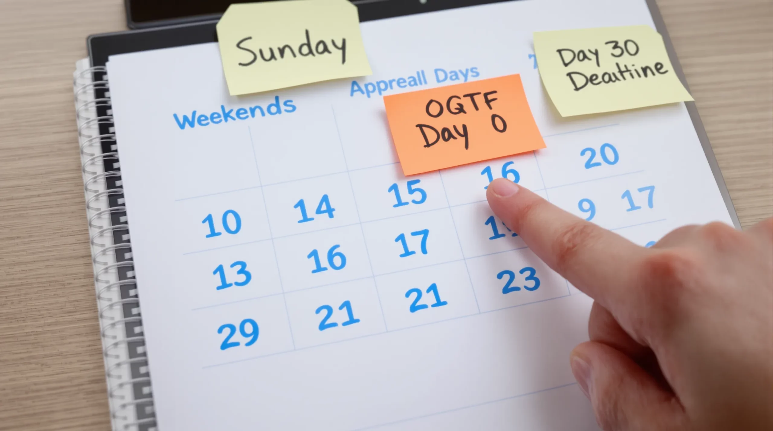 A close-up calendar page with weekdays in blue and weekends in red, a finger pointing at a Sunday, and sticky notes reading “OQTF Day 0” and “Day 30 Deadline” to illustrate counting appeal days.