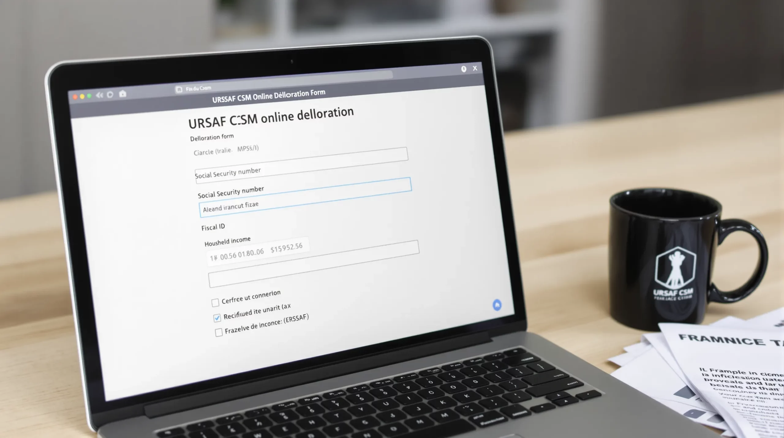 A close-up of a laptop screen showing the URSSAF CSM online declaration form, with fields for social-security number, fiscal ID, and household income. A coffee mug and French tax notice lie on the desk beside the laptop.