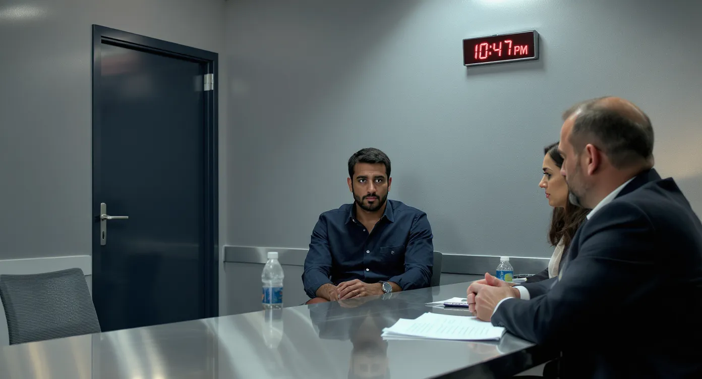 A concerned foreign national sits at a police interview table, a French lawyer and interpreter by their side, while a clock on the wall shows late evening hours inside a modern police station.