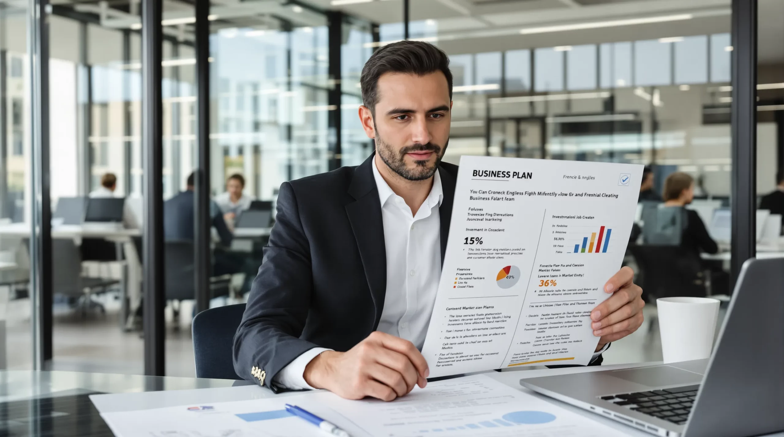 A confident international entrepreneur reviews a bilingual French-English business plan while seated at a modern coworking space in Paris. The document shows clear charts of investment flows, job-creation projections and a timeline leading to successful market entry.