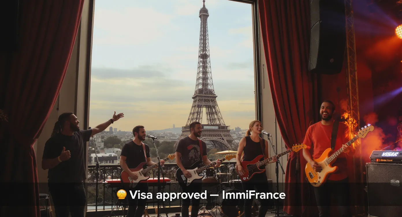 A diverse four-piece band celebrates on stage in Paris with the Eiffel Tower silhouetted outside a venue window; a caption bubble shows a smartphone screen displaying “Visa approved – ImmiFrance”.