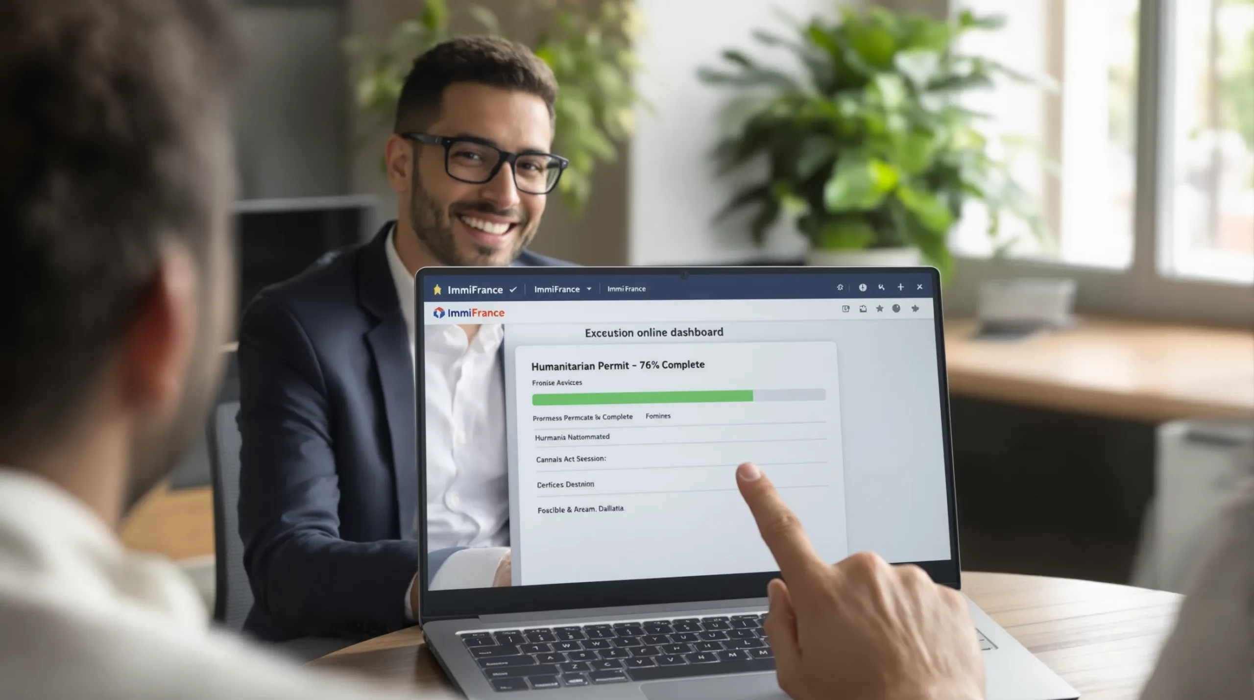 A friendly immigration adviser showing a client the ImmiFrance online dashboard with a progress bar labelled “Humanitarian Permit – 76 % Complete.”