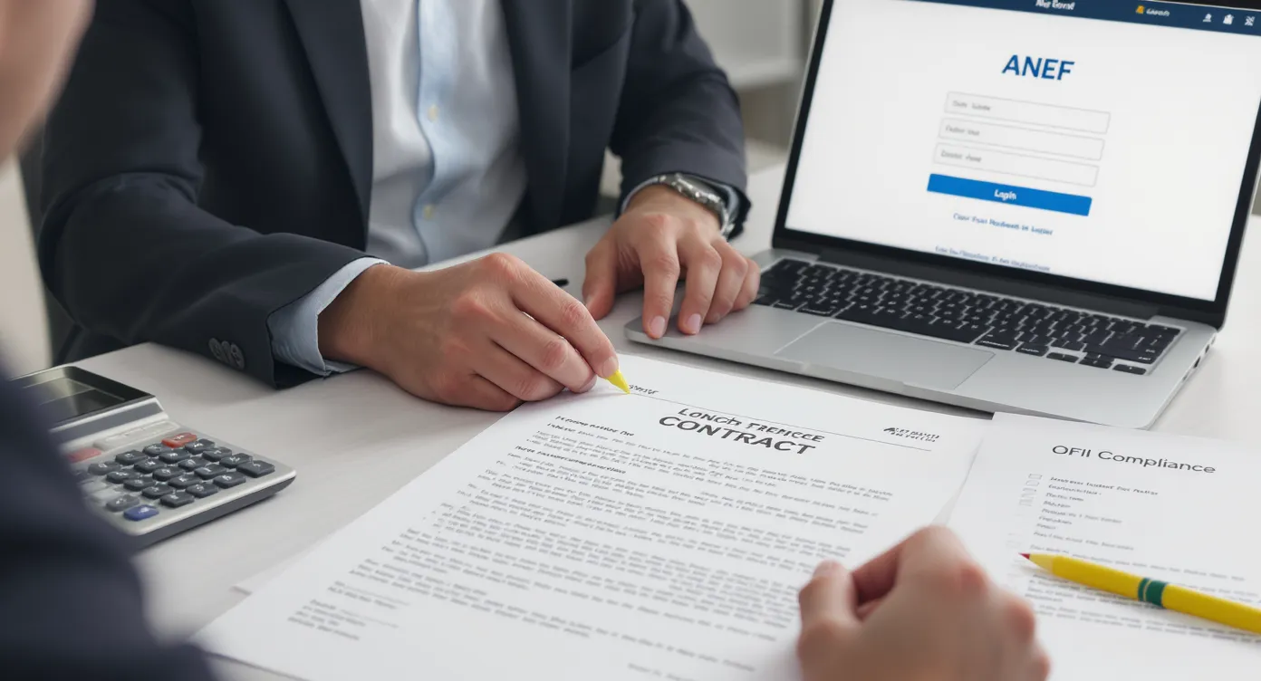A human-resources manager reviews a French employment contract on a desk alongside a calculator, a yellow highlighter, and a checklist titled “OFII Compliance,” while a laptop in the background shows the ANEF portal login screen.