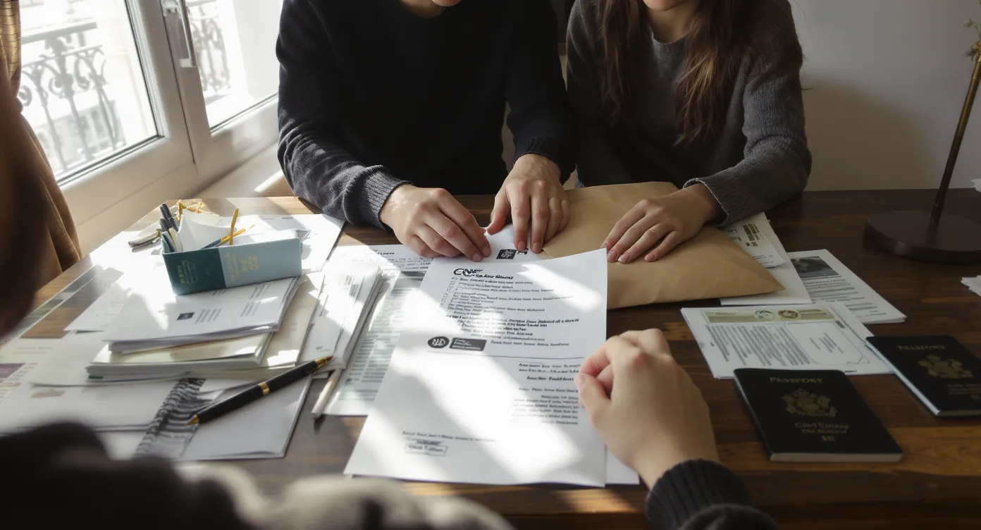 A parent and teenager sit at a wooden desk filled with neatly organised civil-status documents and passports, checking a printed checklist titled “CNF Dossier 2025” before placing papers into a large kraft envelope. Sunlight filters through a Parisian apartment window, highlighting a calm, focused atmosphere.