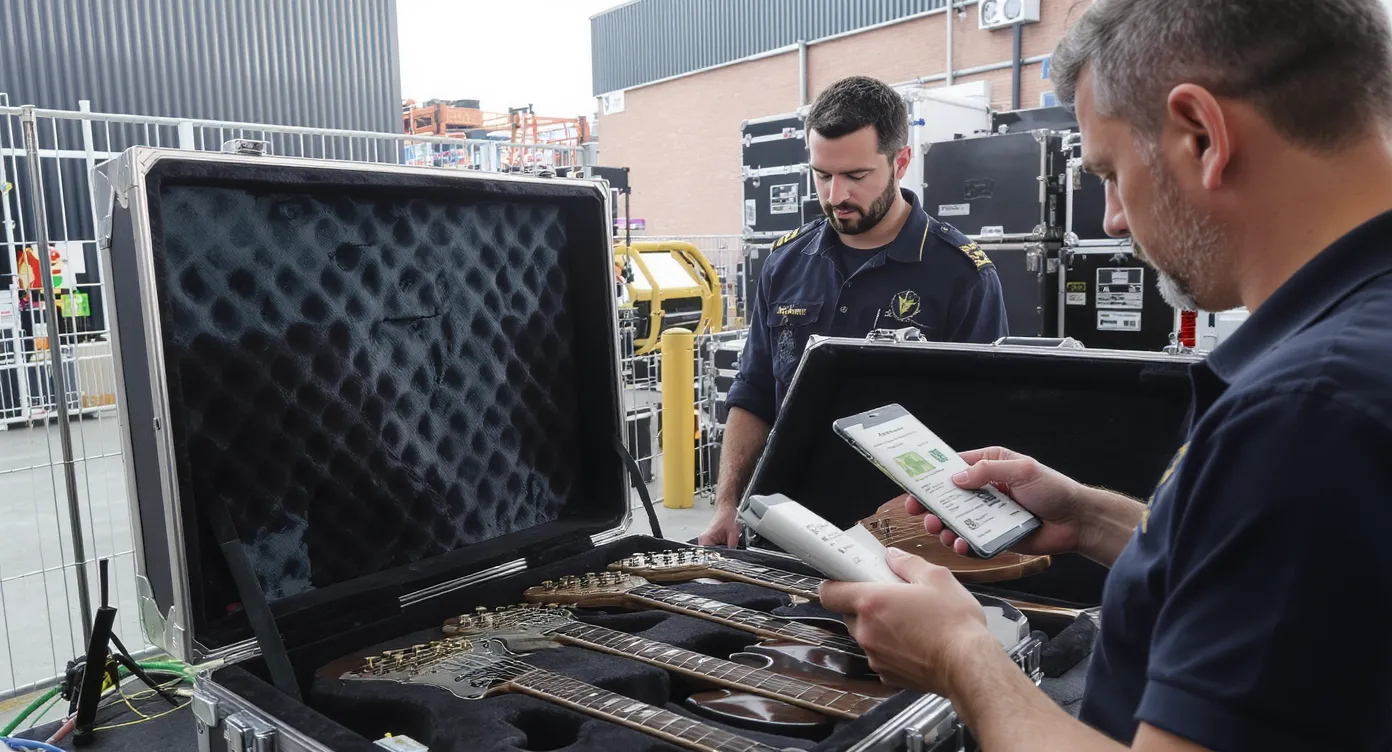 A tour manager checks a road case full of guitars at a French customs inspection area, while a border officer scans QR codes on an ATA Carnet; stacks of stage equipment line the background of a bustling concert venue loading dock.
