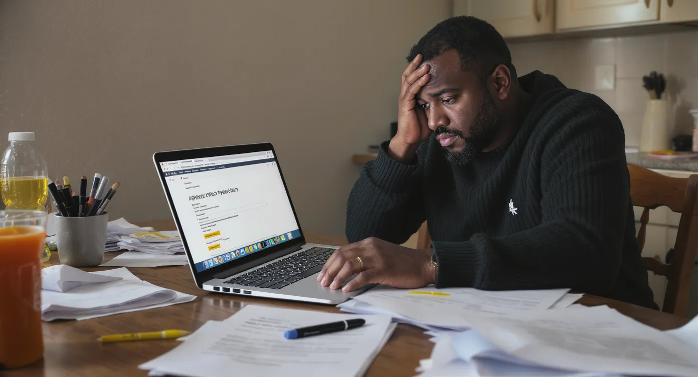 A worried migrant sits at a kitchen table covered with administrative letters, highlighting key passages with a yellow marker, while using a laptop to fill in an online complaint form against the prefecture.