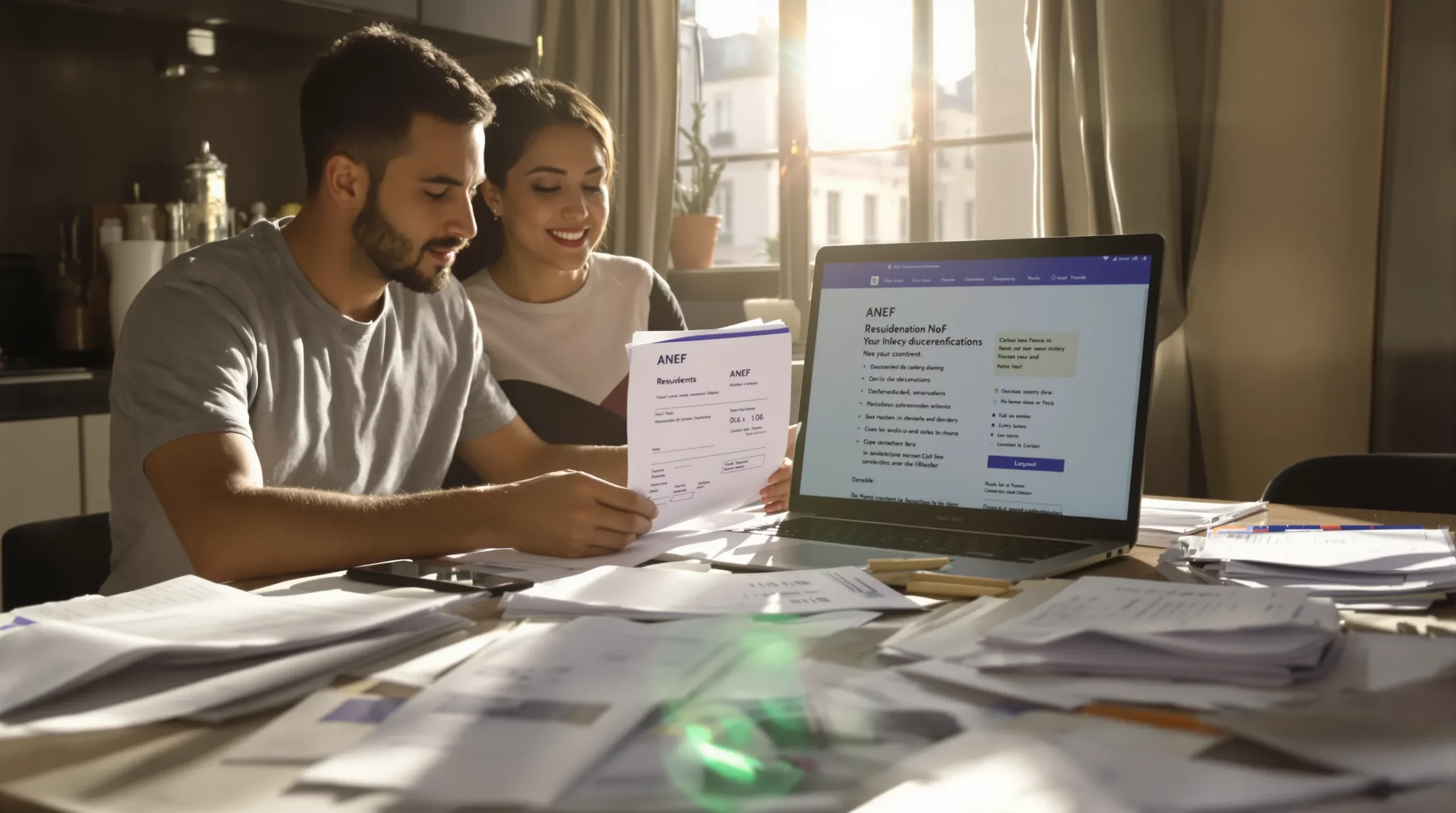 A young immigrant couple sits at a dining table covered with paperwork, holding a freshly printed electricity bill while checking requirements on a laptop showing the French ANEF portal. Sunlight from a Parisian window illuminates the scene, emphasizing the importance of official documents for residency procedures.