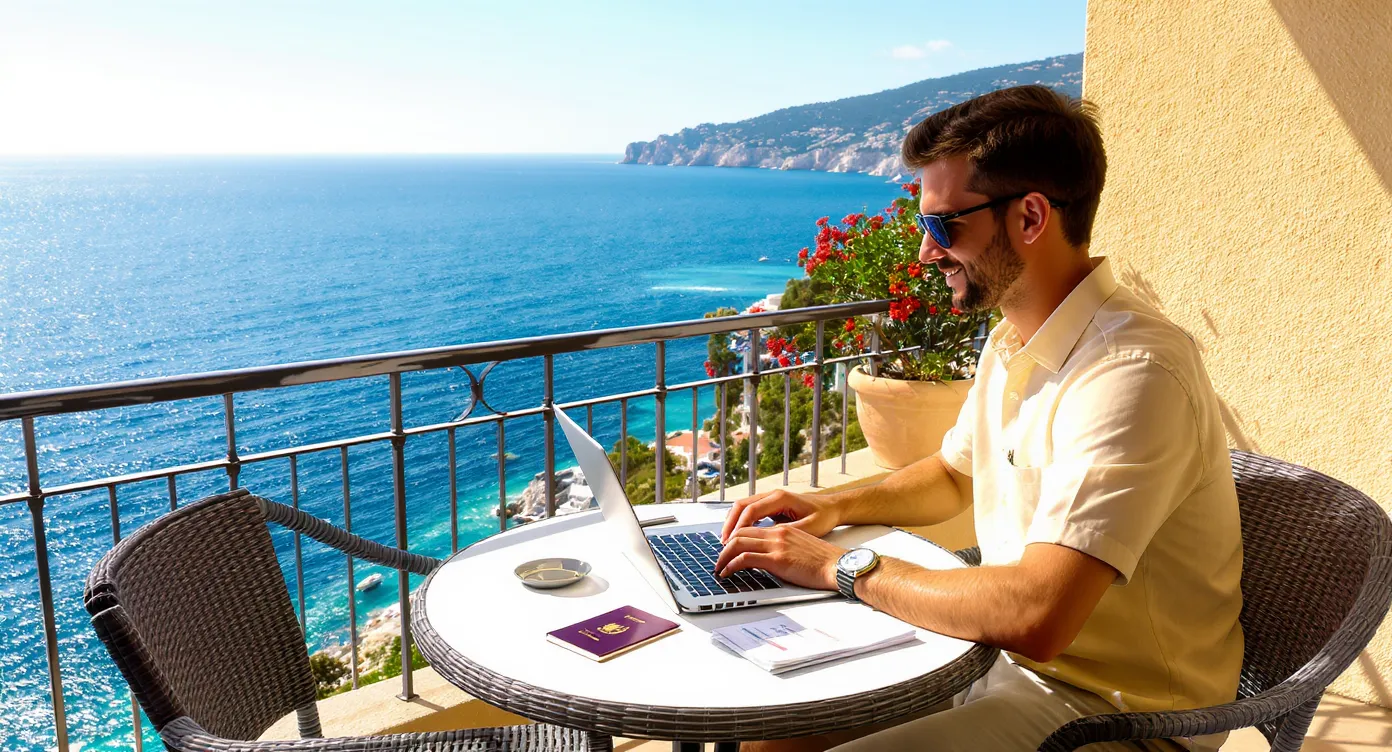 A young professional sits at a small table on a sunny balcony overlooking the Mediterranean Sea, typing on a laptop. On the table lie a French passport, a Carte de Séjour, and a stack of boarding passes, symbolising remote work abroad while maintaining French residence.