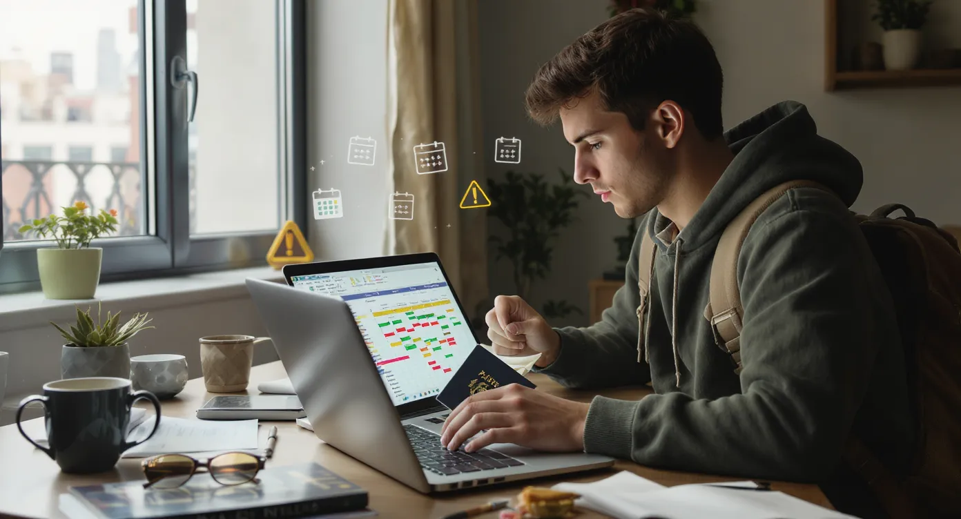 A young traveller reviews a colourful spreadsheet on a laptop while holding a stamped passport; icons of calendars and warning signs float subtly, illustrating careful day tracking.