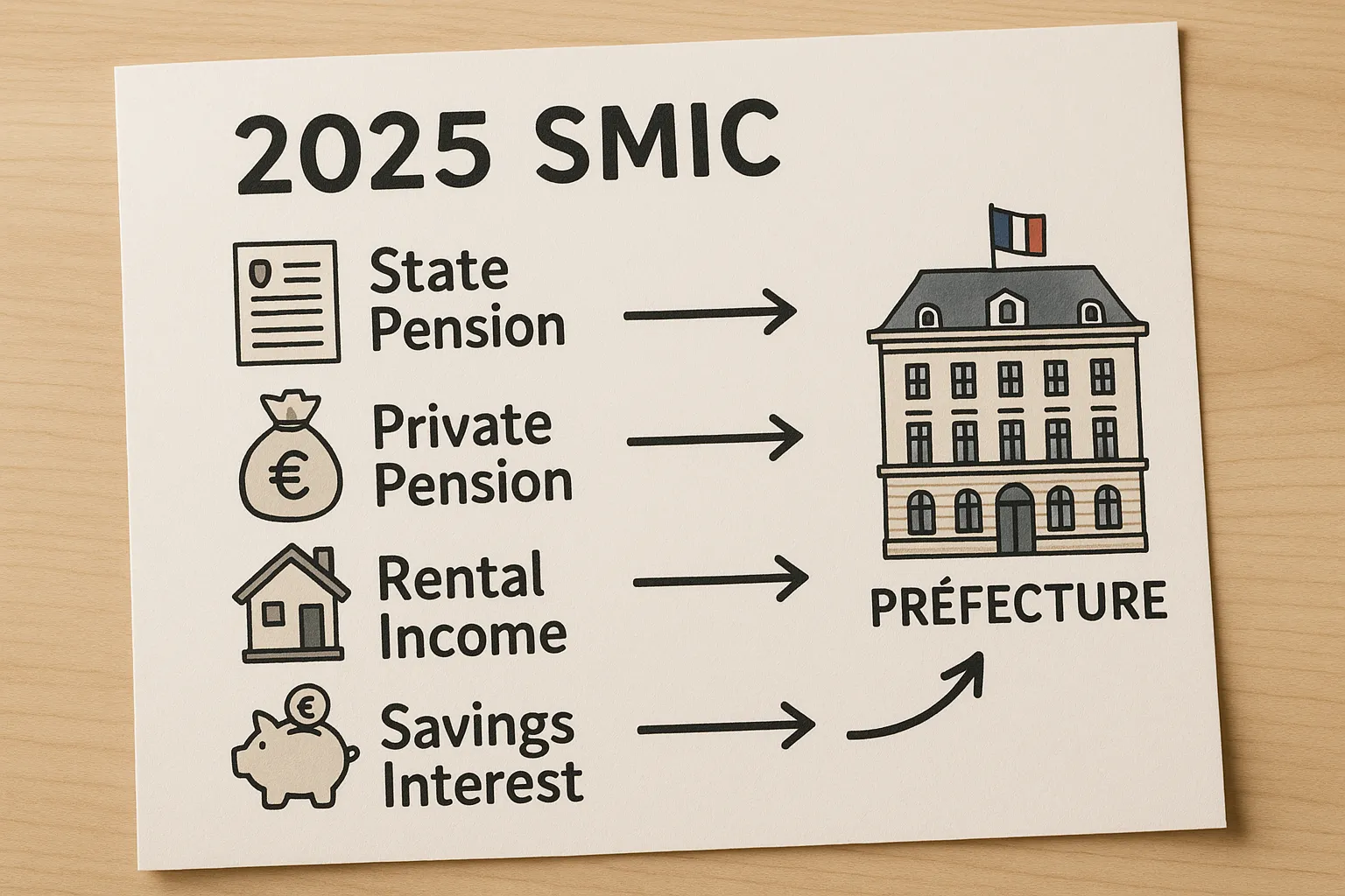 An illustrated table showing 2025 SMIC figures beside common retirement income sources (state pension, private pension, rental income, savings interest) with arrows pointing toward a prefecture building, symbolising the resources test for visitor visa extensions.