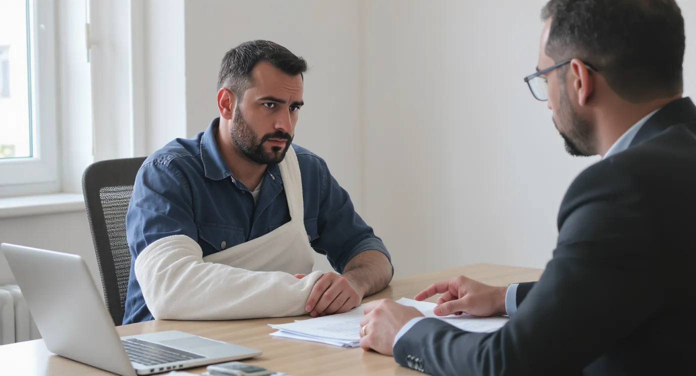 An injured factory worker with his arm in a sling sits across a desk from an immigration adviser who is pointing to a stack of official French documents and a residence permit application form.