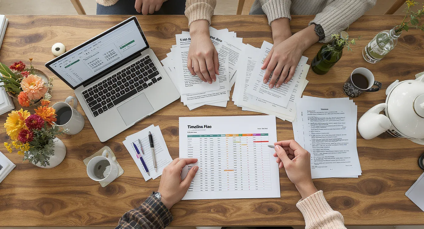An overhead view of a multilingual couple at a kitchen table, arranging documents into monthly piles while filling a colour-coded spreadsheet on a laptop that shows a timeline of their shared bills and leases.