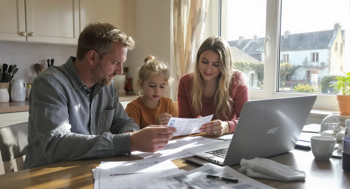 British family reviewing French residence cards at a kitchen table covered with paperwork and a laptop open to the ANEF portal, sunlight streaming through a window overlooking a small French town.