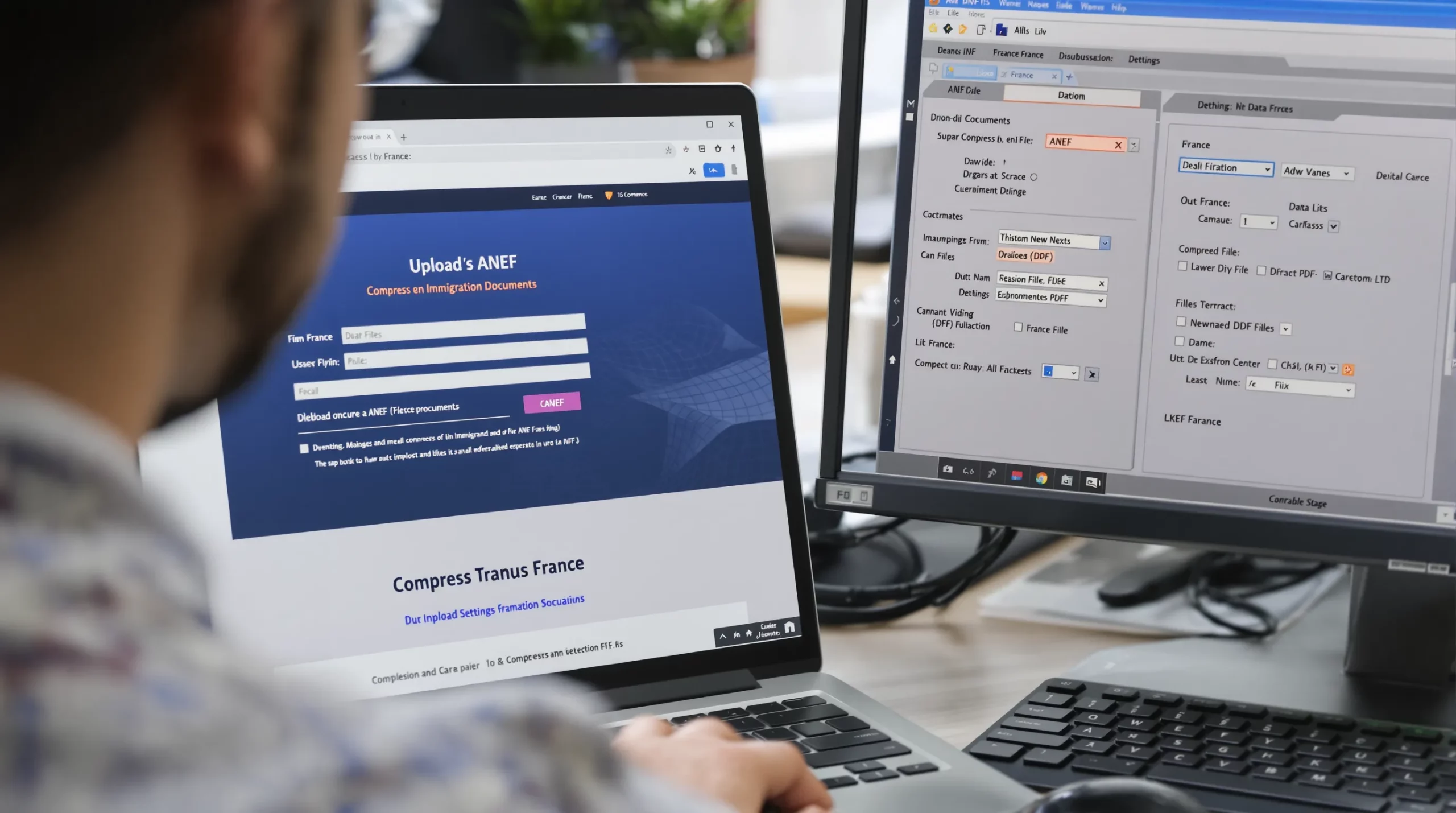 Close-up of a laptop screen displaying France’s ANEF upload interface while a person compresses PDFs on a second monitor, illustrating best-practice document preparation for immigration files.