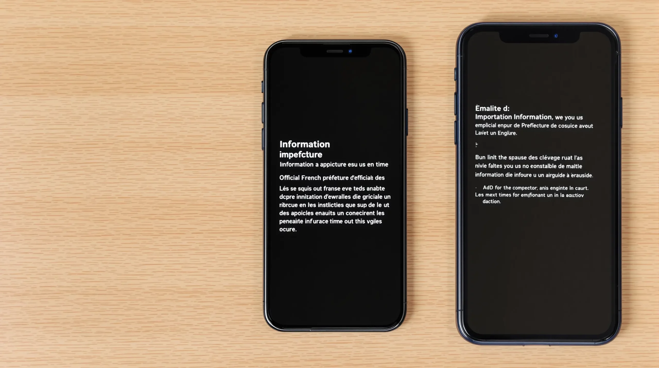 Close-up of a smartphone displaying an official French prefecture email while another phone beside it shows the same message translated into English in real time, illustrating instant translation on mobile devices.
