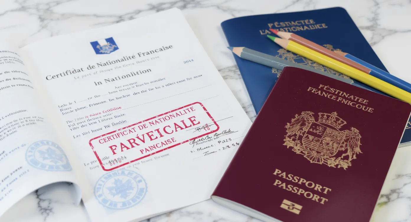 Close-up of a stamped Certificat de nationalité française resting on a marble surface next to a French passport and a child’s coloured pencils, symbolising the successful end of the administrative process.