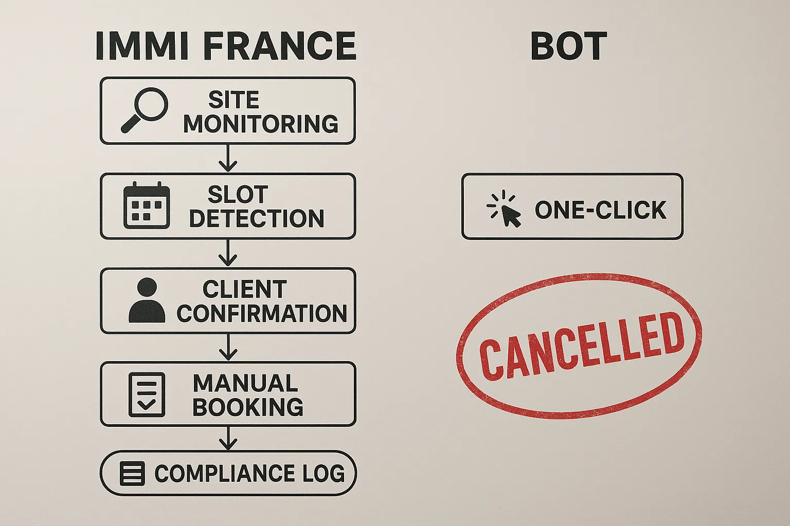 Flowchart showing the legal, human-led steps ImmiFrance uses: site monitoring -> slot detection -> client confirmation -> manual booking -> compliance log, contrasted with a bot’s one-click approach ending in a red “cancelled” stamp.”></p>
<h2>Frequently Asked Questions</h2>
<p><strong>Is it illegal to pay someone else to refresh the website for me?</strong> Hiring a human assistant is not illegal as long as no automated tools bypass security measures and you supply truthful information.</p>
<p><strong>Will the prefecture know I used a bot?</strong> Many booking systems log user-agent strings and IP addresses. If dozens of bookings come from the same IP in seconds, they can flag or bulk-cancel them.</p>
<p><strong>Can using a bot affect my naturalisation application later?</strong> Yes. Article L.312-3 CESEDA requires applicants to demonstrate “loyalty to French institutions.” A history of fraudulent administrative access can be cited as lack of good civic conduct.</p>
<p><strong>Are captchas themselves a legal barrier?</strong> Breaking or bypassing captchas is treated as “fraudulent access” under Penal Code Art. 323-1 according to Ministry of Interior guidance of 17 Feb 2023.</p>
<p><strong>What if I already used a bot and my appointment was cancelled?</strong> Act fast: save screenshots, request written reasons from the prefecture, and consider an <strong>administrative appeal (recours gracieux)</strong> within two months. ImmiFrance can help draft it.</p>
<h2>Need a Slot—Without the Headache?</h2>
<p>Scarce appointments should not force you into legal grey zones or risky Telegram deals. ImmiFrance’s compliance-first team can:</p>
<ul>
<li>Analyse your <strong>deadline</strong> and the <strong>legal basis</strong> to request an emergency récépissé.</li>
<li>Monitor multiple prefectures and <strong>book a slot manually</strong> within legal guidelines.</li>
<li>Prepare a <strong>complete dossier</strong> so one appointment is enough.</li>
<li>Connect you with our network of <strong>specialised lawyers</strong> if the prefecture still refuses.</li>
</ul>
<p>Ready to secure your prefecture appointment the right way? <strong>Book a free 15-minute eligibility call</strong> today at <a href=