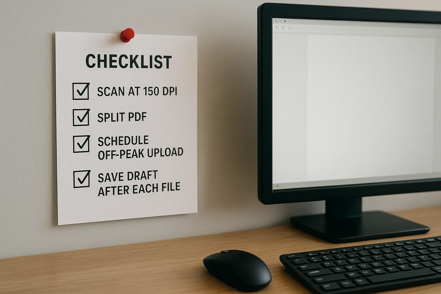 Illustration of a checklist pinned next to a computer, detailing steps like scan at 150 dpi, split PDF, schedule off-peak upload, and save draft after each file, helping users visualize the process.