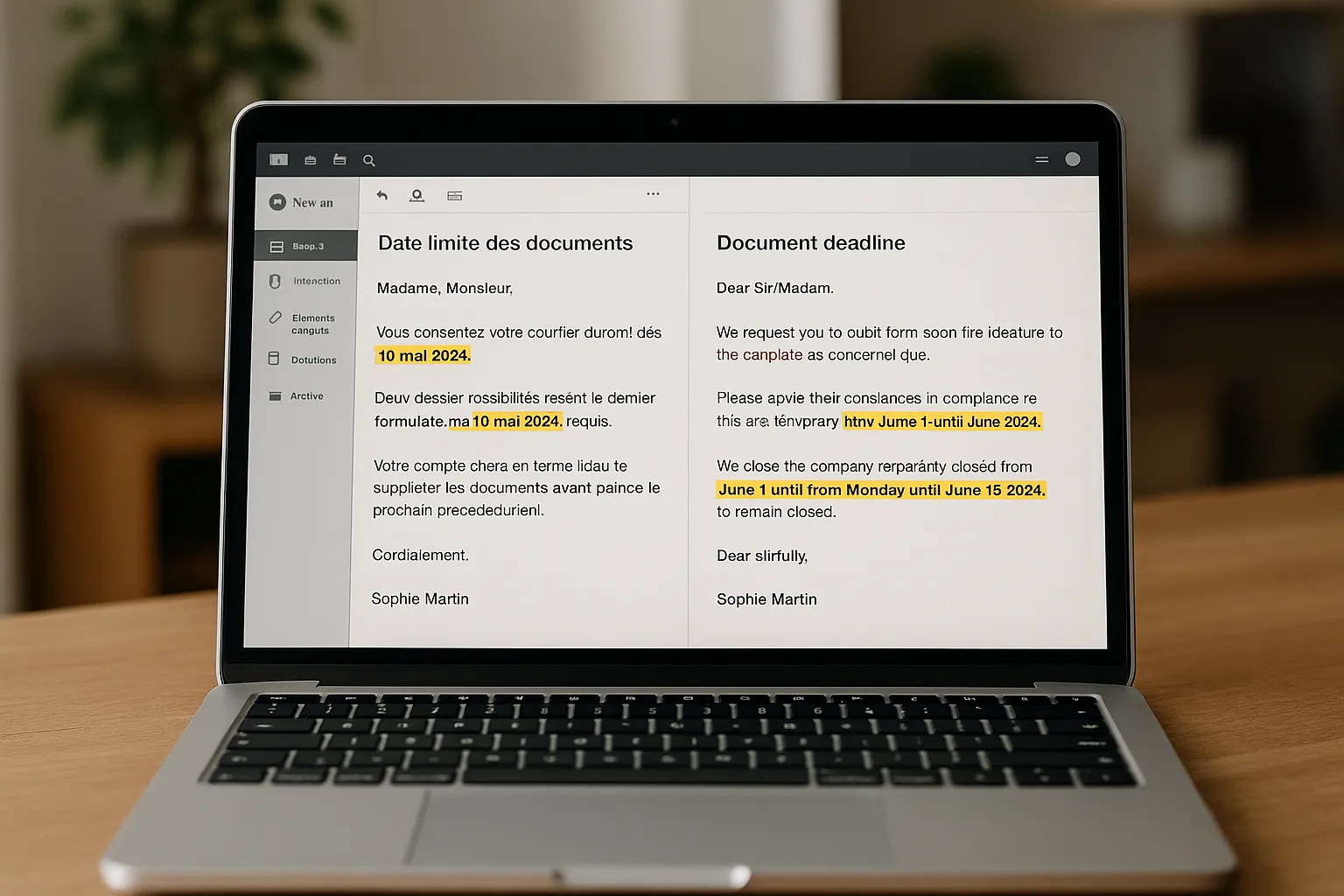 Illustration of a laptop screen showing a side-by-side view: on the left, an official French email, and on the right, a fully translated English version with highlighted deadlines, emphasising the importance of spotting key dates.
