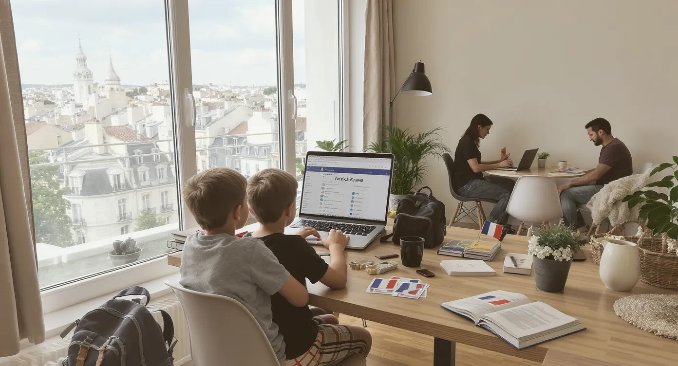 Illustration of two children attending an online French class on a laptop while their parents work remotely in a bright apartment overlooking the rooftops of Lyon. Books, French flag flashcards, and travel backpacks are visible, symbolising mobile schooling.