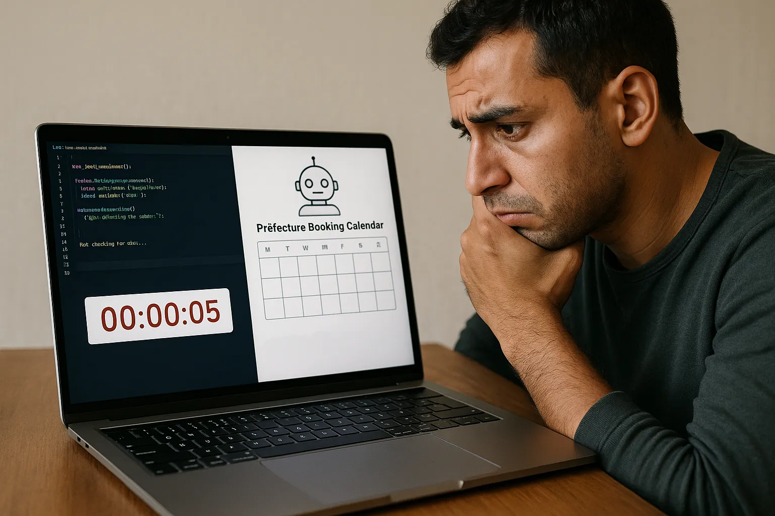 Illustration showing a laptop screen with code lines representing a bot continuously checking a French prefecture booking calendar while a worried migrant watches the timer tick down.