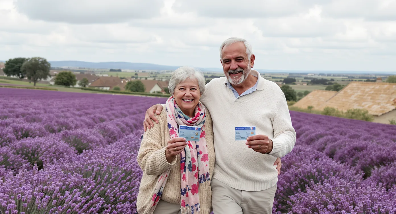 Retired couple holding French residence cards while walking in a lavender field near a small village, symbolising successful visitor permit renewal after meeting income requirements.