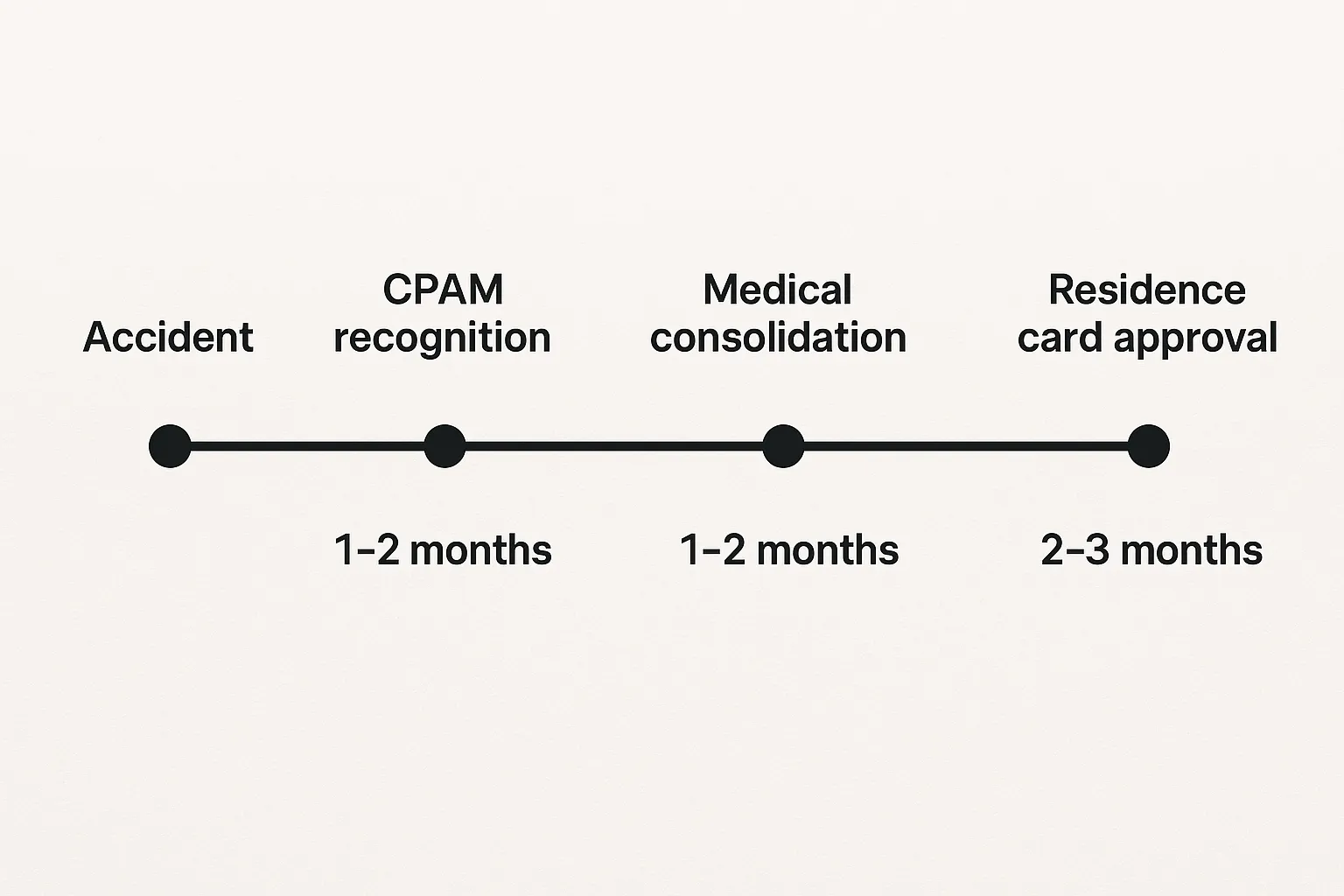 Simple horizontal timeline illustrating the five stages: Accident – CPAM recognition – Medical consolidation – Prefecture filing – Residence card approval. Each stage contains a brief caption and approximate time frame beneath it.