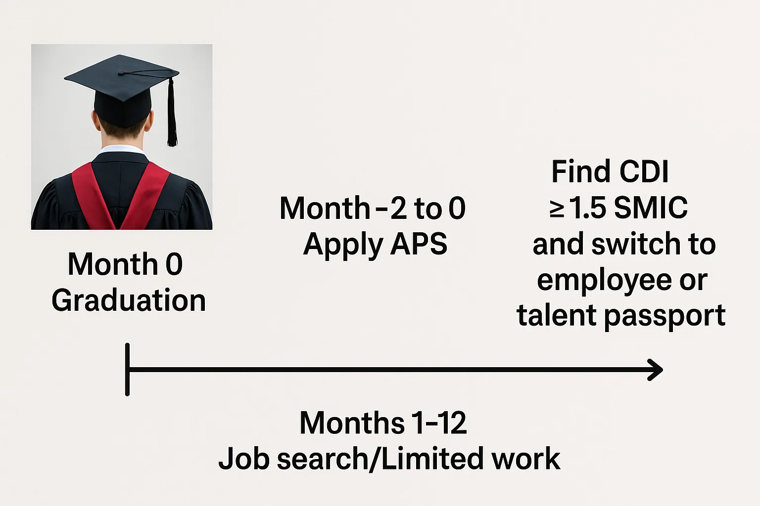 Simple horizontal timeline illustrating the year after graduation: Month 0 graduation → Month -2 to 0 apply APS → Months 1-12 job search/limited work → Find CDI ≥ 1.5 SMIC and switch to employee or talent passport.