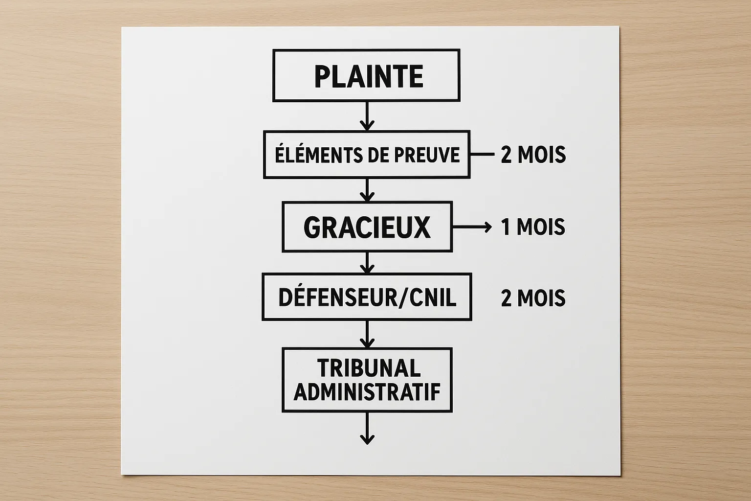 Simplified flowchart showing the complaint paths: evidence → gracieux → hiérarchique → Défenseur/CNIL → Tribunal Administratif, with arrows indicating deadlines