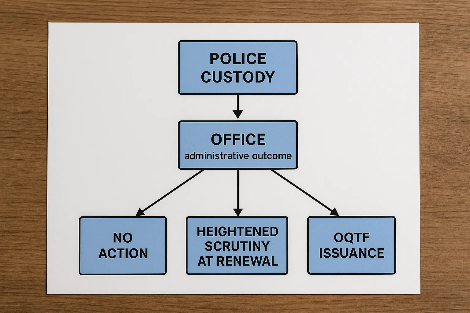 Simplified flowchart showing the path from police custody to three possible administrative outcomes: no action, heightened scrutiny at renewal, or OQTF issuance.