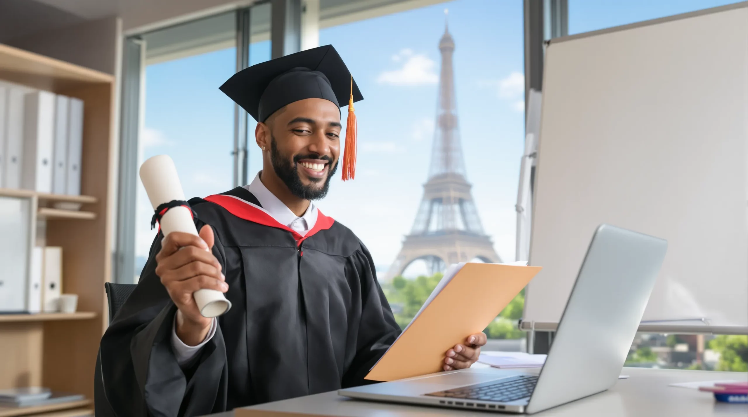 Smiling international graduate holding a diploma and checking documents on a laptop, with the Eiffel Tower in the background symbolising the transition from student life to professional life in France.