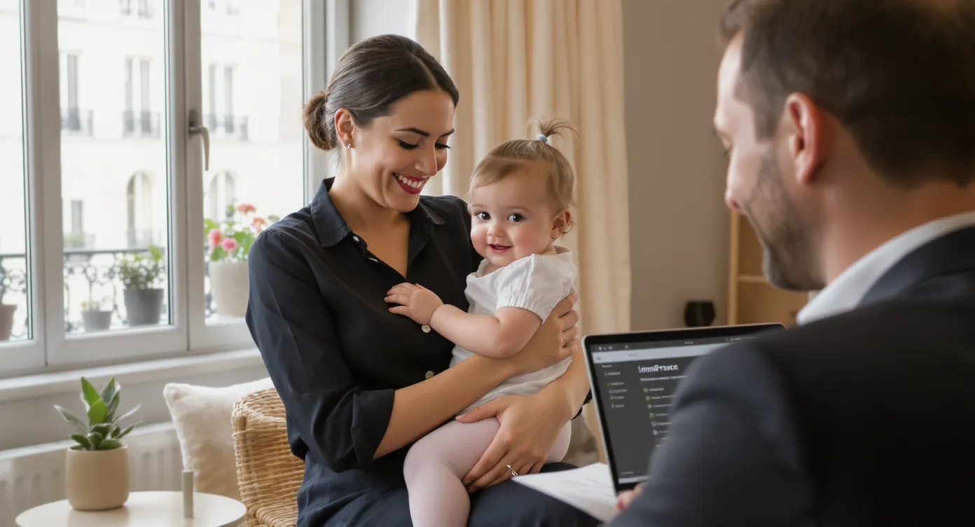Smiling non-EU nanny holding a toddler in a Paris apartment, while the employer reviews papers on a laptop displaying the ImmiFrance dashboard.