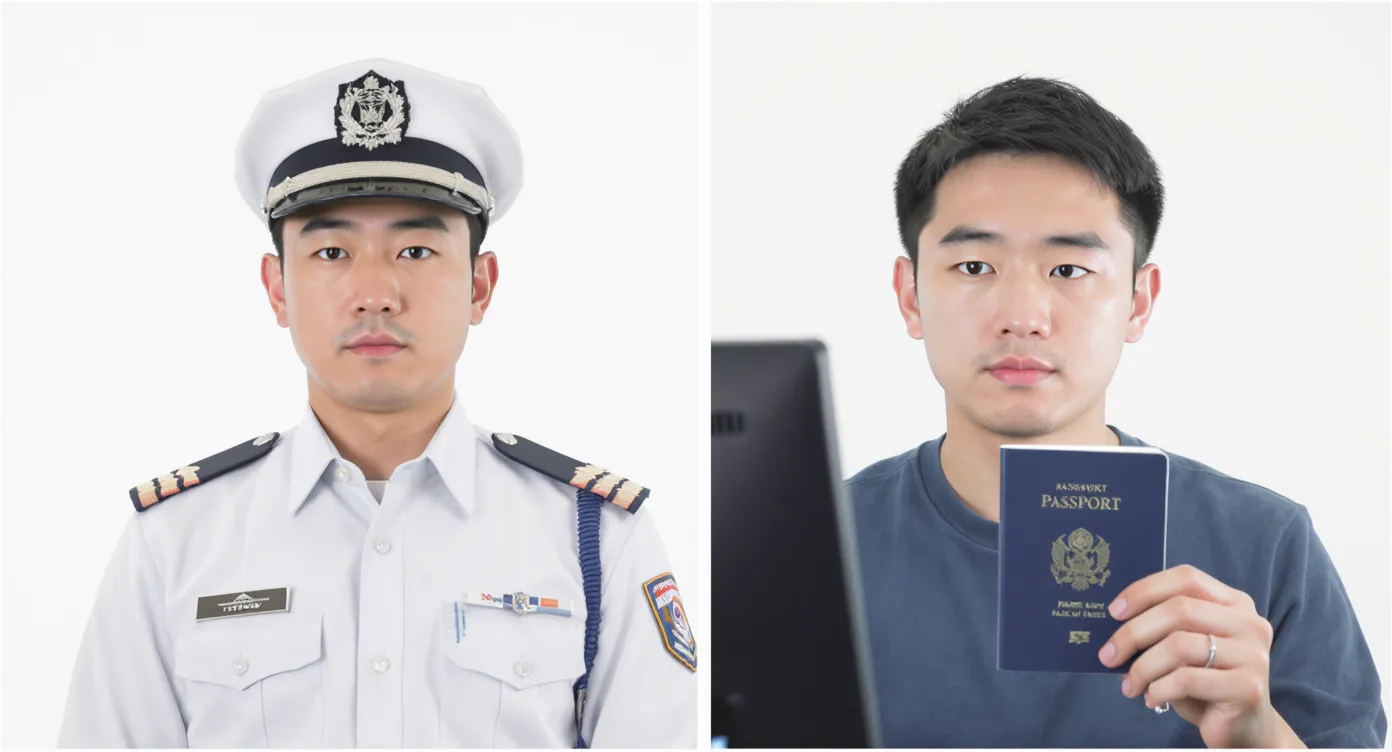 Split-screen view: a prefecture officer in uniform on the left and an applicant holding a passport near the webcam on the right, both framed clearly with neutral backgrounds.