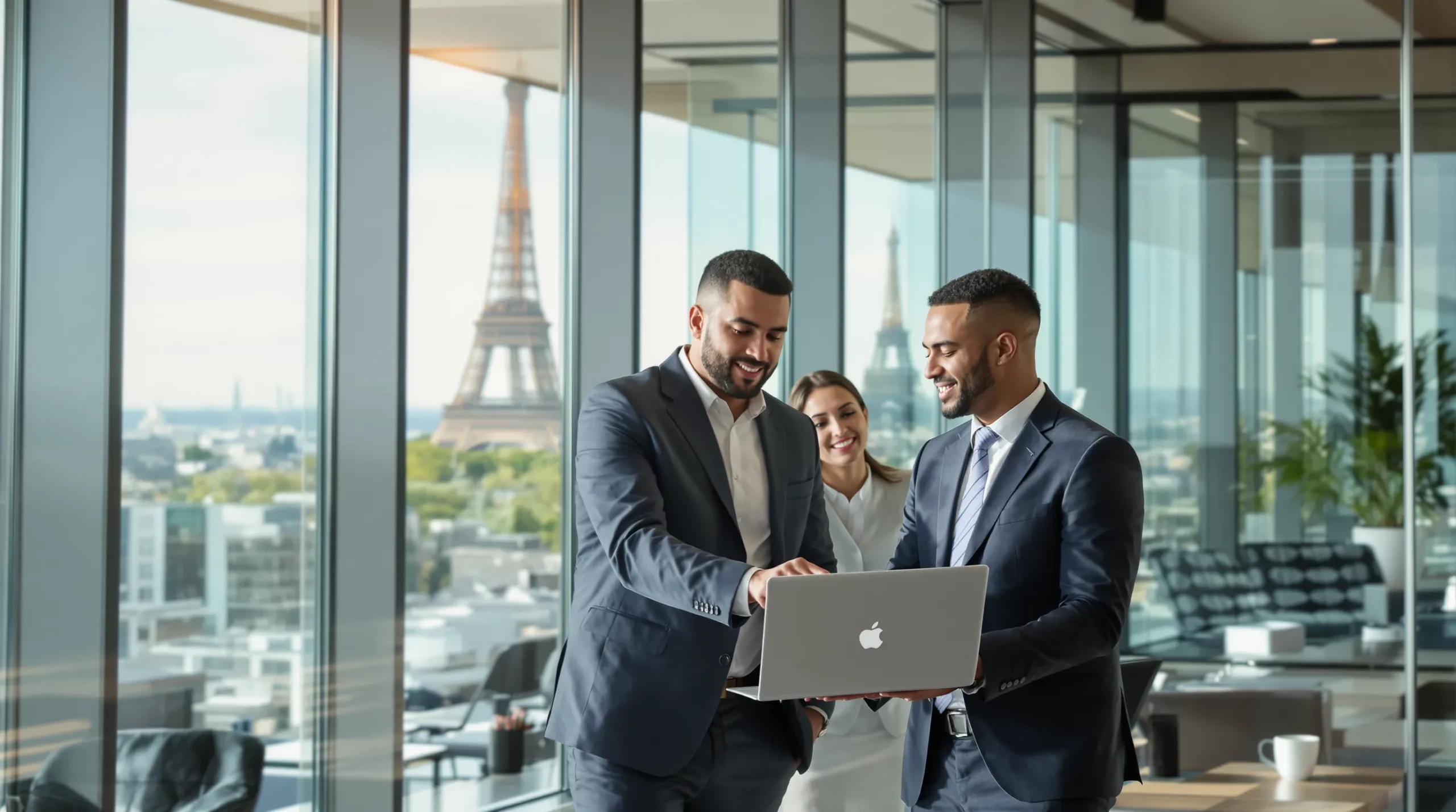 Three HR managers gathered around a laptop in a modern Paris office discussing an international employee transfer, with the Eiffel Tower faintly visible through the window.