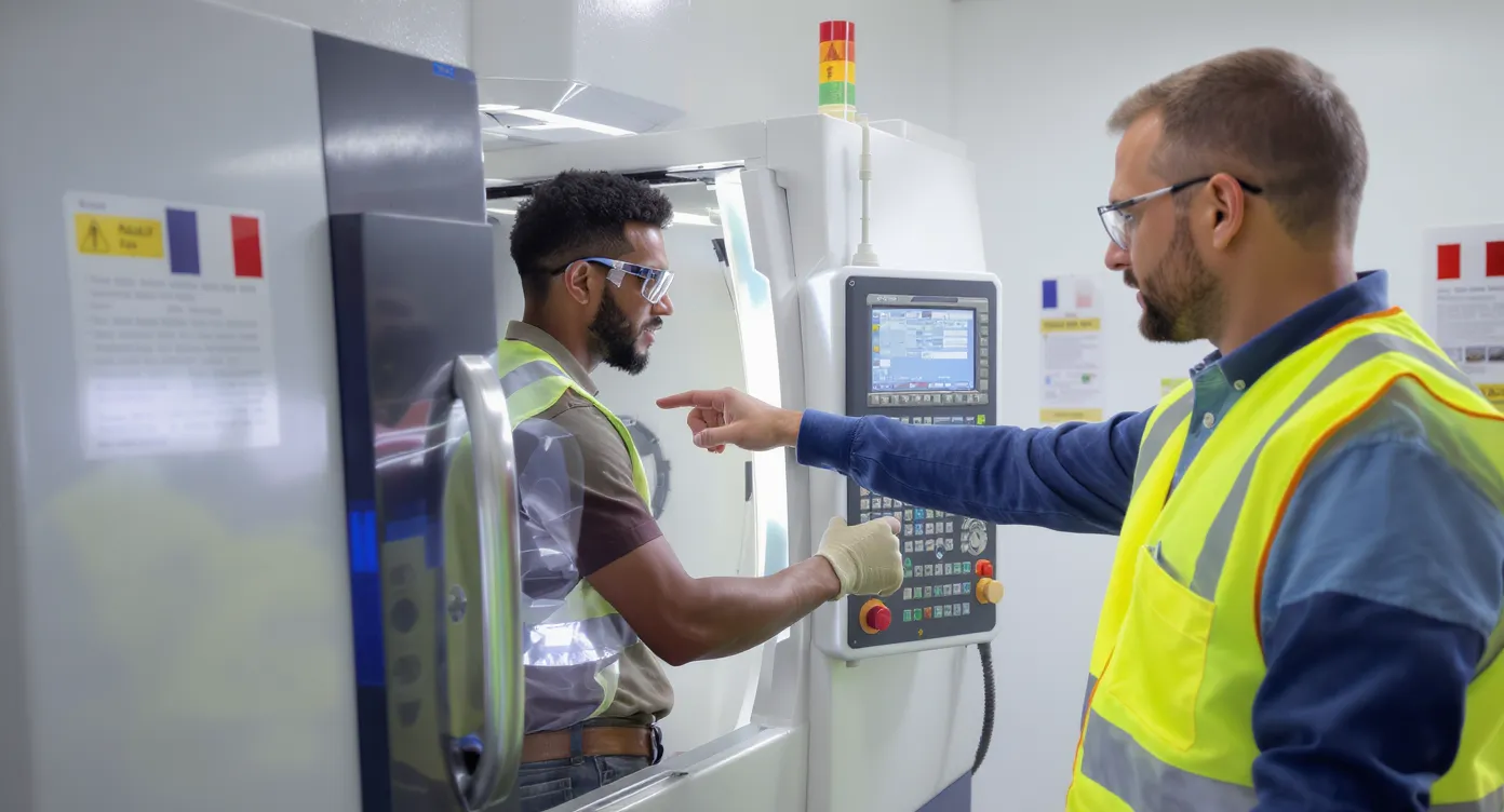 A 22-year-old non-EU apprentice in a workshop adjusts a CNC machine while an instructor points to a digital readout, both wearing safety gear. The setting shows a modern French CFA classroom with tricolour flags pinned to safety posters.