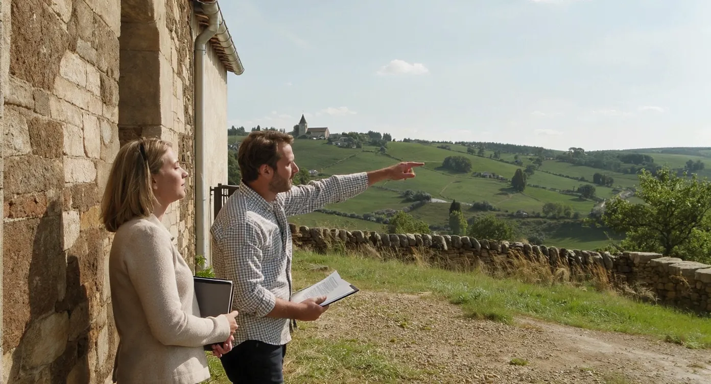 A couple stands in front of a stone farmhouse surrounded by rolling French countryside, holding folders of documents and pointing toward a village church in the distance.